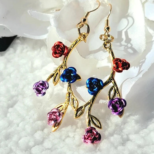 Pendientes de vid de rosa 3D, joyería de gota de oro, color metálico, colgante hecho a mano único, gota elegante, joyería de flores de moda, floral elegante