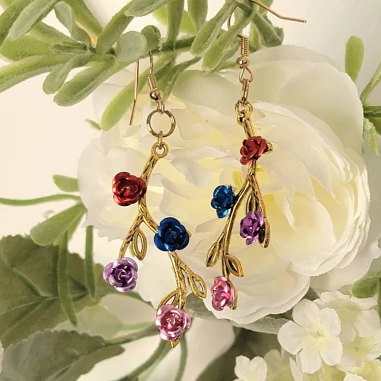 Boucles d’oreilles 3D Rose Vine, Bijoux Gold Drop, Couleur Métallique, Dangle artisanal unique, Goutte élégante, Bijoux de fleurs à la mode, Floral élégant