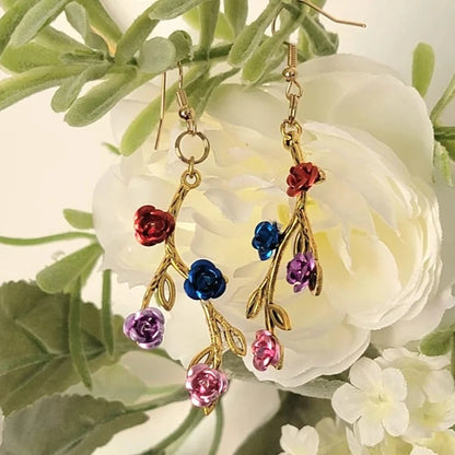 Elegant Gold Rose Vine Drop Earrings, Handcrafted Metallic Floral Dangles