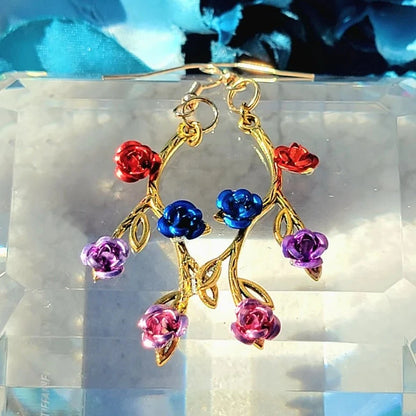 Elegant Gold Rose Vine Drop Earrings, Handcrafted Metallic Floral Dangles