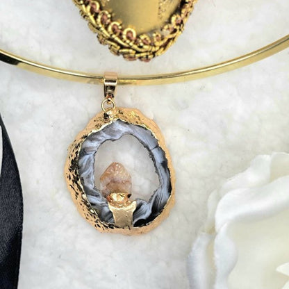 Transformative Agate Pendant in Gold Oval Frame Choker, Minimalist Jewelry, Unique Handcrafted Radiant Necklace w/ Positive Energy, Elegant Choker