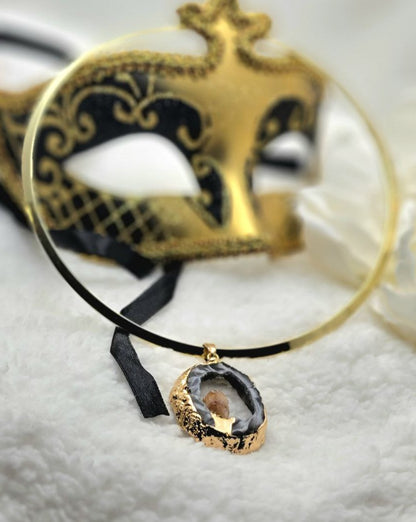 Transformative Agate Pendant in Gold Oval Frame Choker, Minimalist Jewelry, Unique Handcrafted Radiant Necklace w/ Positive Energy, Elegant Choker