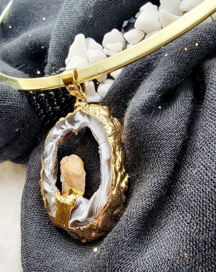 Transformative Agate Pendant in Gold Oval Frame Choker, Minimalist Jewelry, Unique Handcrafted Radiant Necklace w/ Positive Energy, Elegant Choker