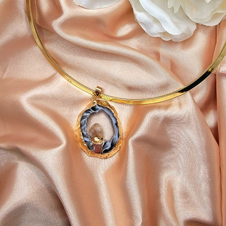 Transformative Agate Pendant in Gold Oval Frame Choker, Minimalist Jewelry, Unique Handcrafted Radiant Necklace w/ Positive Energy, Elegant Choker