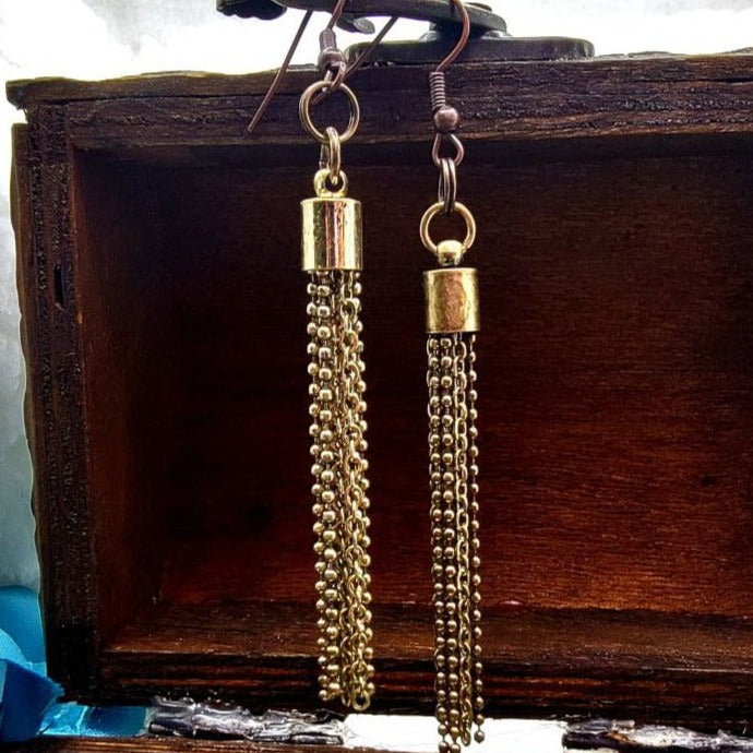 Antique Bronze Chain Link Tassel Earring, Vintage Style Long Dangle