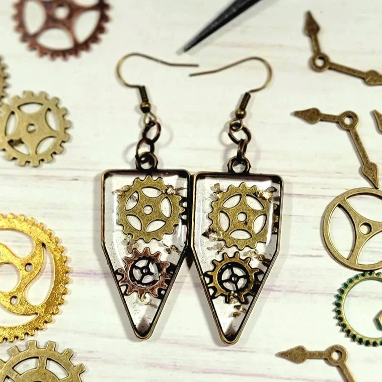 Victorian Era Inspired Steampunk Earrings, Elegant Dangle, Timeless Fashion Piece, Cogs & Wheels Resin Encased Jewelry, Unique Glass Design