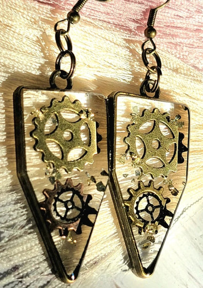 Victorian Era Inspired Steampunk Earrings, Elegant Dangle, Timeless Fashion Piece, Cogs & Wheels Resin Encased Jewelry, Unique Glass Design