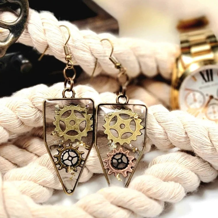 Victorian Era Inspired Steampunk Earrings, Elegant Dangle, Timeless Fashion Piece, Cogs & Wheels Resin Encased Jewelry, Unique Glass Design