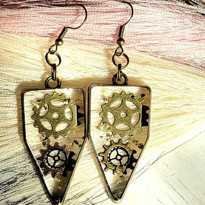 Victorian Era Inspired Steampunk Earrings, Elegant Dangle, Timeless Fashion Piece, Cogs & Wheels Resin Encased Jewelry, Unique Glass Design