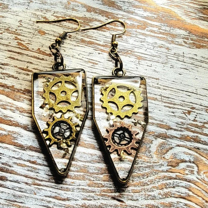 Victorian Era Inspired Steampunk Earrings, Elegant Dangle, Timeless Fashion Piece, Cogs & Wheels Resin Encased Jewelry, Unique Glass Design