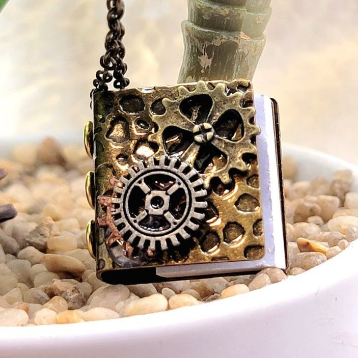 Antique Gold Book Locket Steampunk Necklace, Vintage Inspired Jewelry