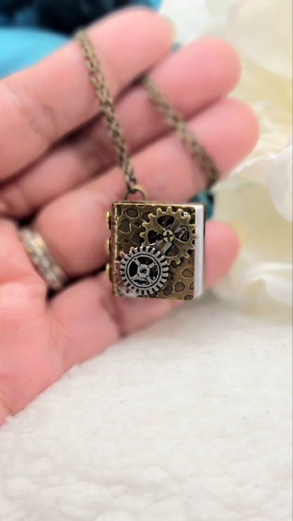 Antique Gold Book Locket Steampunk Necklace, Vintage Inspired Jewelry