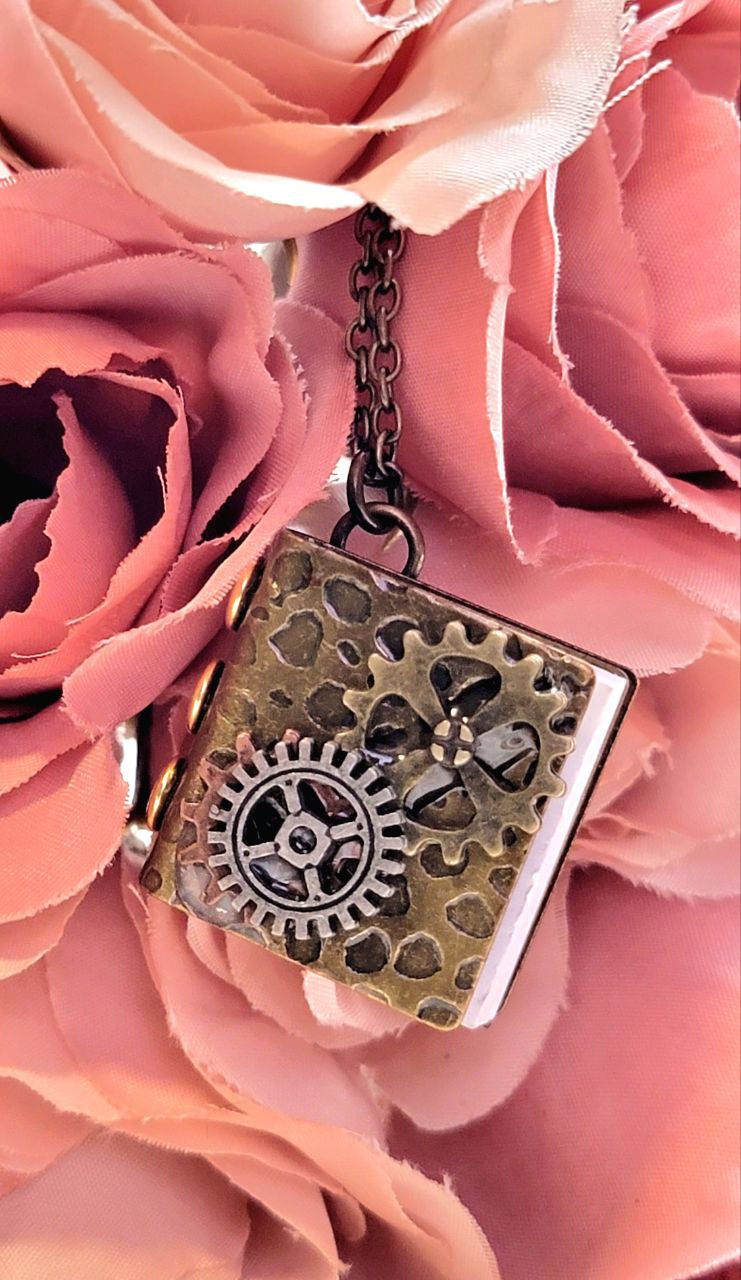 Antique Gold Book Locket Steampunk Necklace, Vintage Inspired Jewelry