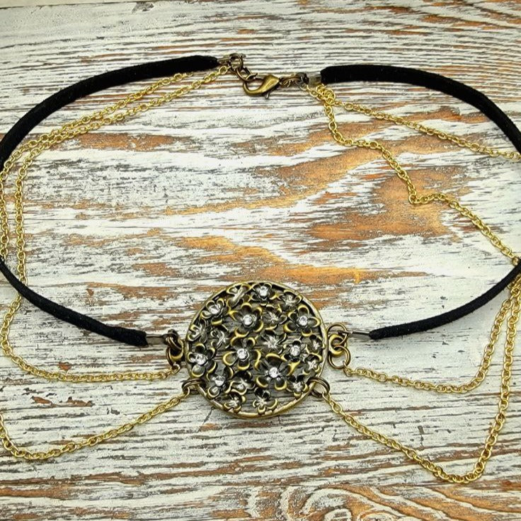 Gargantilla floral de oro y bronce, sofisticado collar de doble cadena, diseño elegante para todos los días con glamour, piel sintética elegante, informal versátil