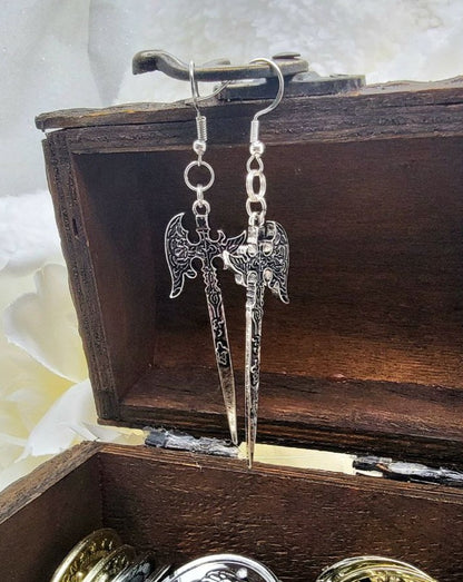 Antique Style Silver Battle Axe Earring, Medieval Hatchet Drop