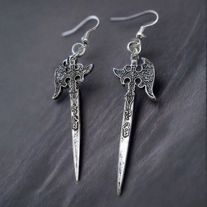 Boucle d’oreille de hache de bataille en argent de style antique, longue goutte, bijoux gothiques, bijoux de hachette médiévale, bijoux punk, accessoire inspiré de la fantaisie