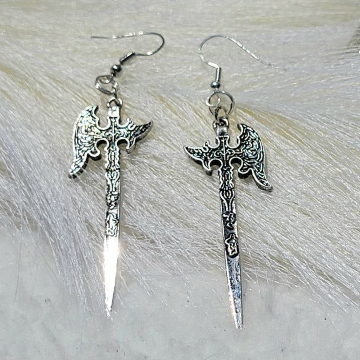 Antique Style Silver Battle Axe Earring, Medieval Hatchet Drop