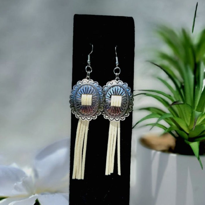 Antique Silver Concho Earrings, Ivory-Colored Tassel Pendant Earring