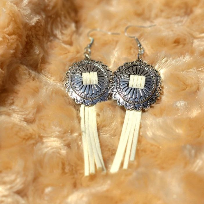 Antique Silver Concho Earrings, Ivory-Colored Tassel Pendant Earring