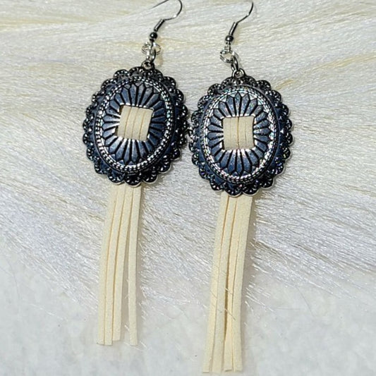 Antique Silver Concho Earrings, Ivory-Colored Tassel Pendant Earring