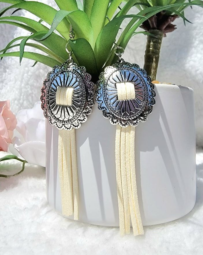 Antique Silver Concho Earrings, Ivory-Colored Tassel Pendant Earring