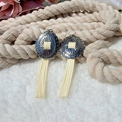 Antique Silver Concho Earrings, Ivory-Colored Tassel Pendant Earring