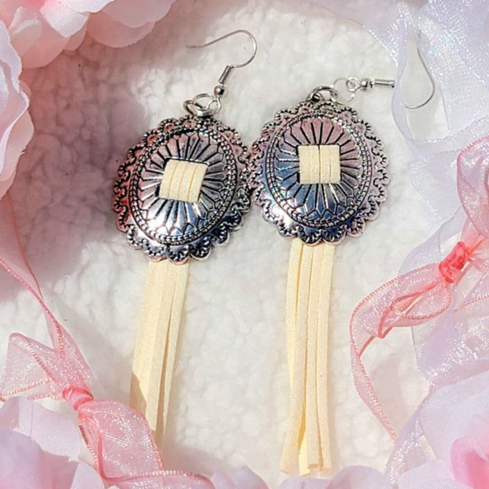 Antique Silver Concho Earrings, Ivory-Colored Tassel Pendant Earring