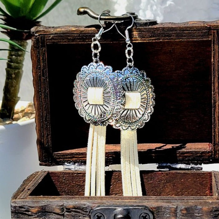 Antique Silver Concho Earrings, Ivory-Colored Tassel Pendant Earring