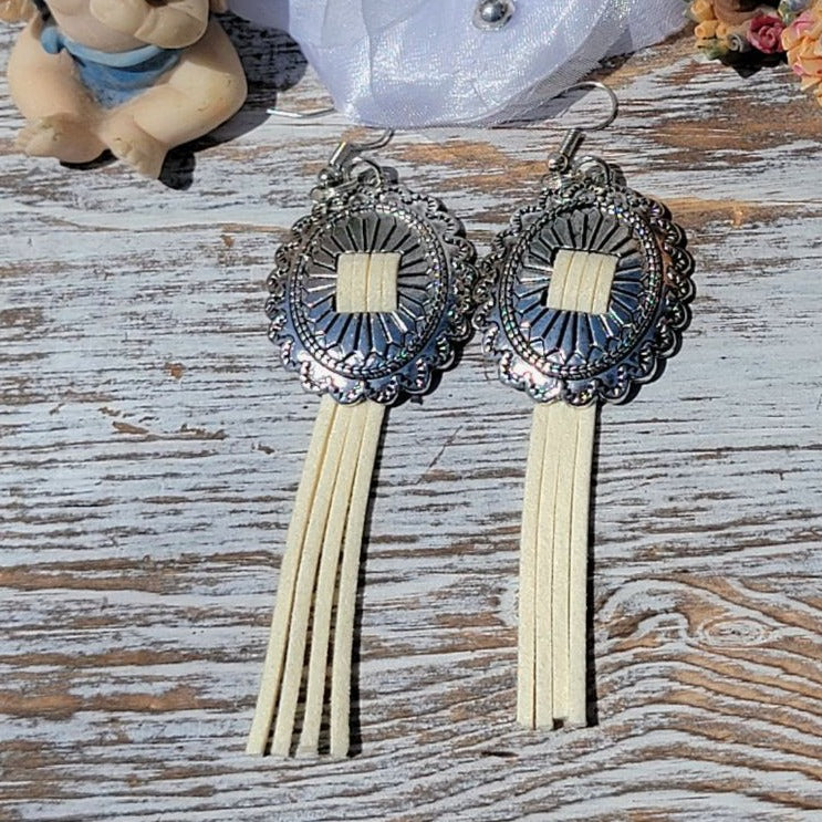 Antique Silver Concho Earrings, Ivory-Colored Tassel Pendant Earring