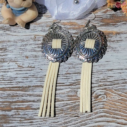 Antique Silver Concho Earrings, Ivory-Colored Tassel Pendant Earring