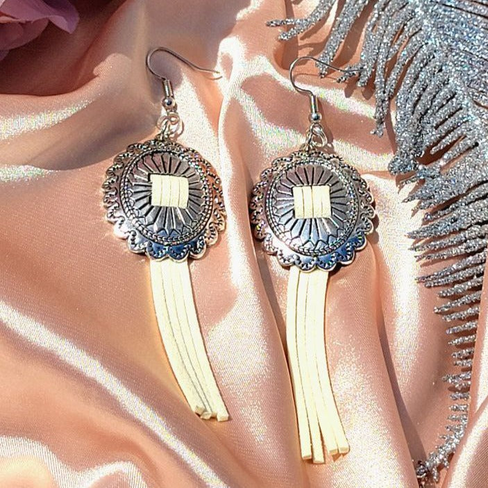 Antique Silver Concho Earrings, Ivory-Colored Tassel Pendant Earring