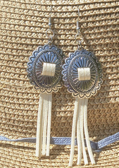 Antique Silver Concho Earrings, Ivory-Colored Tassel Pendant Earring