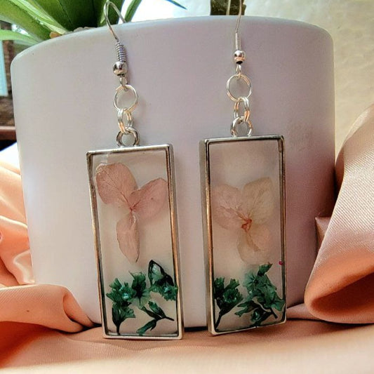 Baby Pink Petal Flowers & Green Foliage Dangle Earring