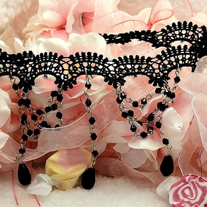 Black Chain Lolita Dangle Choker, Élégant design d’inspiration victorienne, collier gothique vintage, collier en dentelle, cadeau artisanal unique