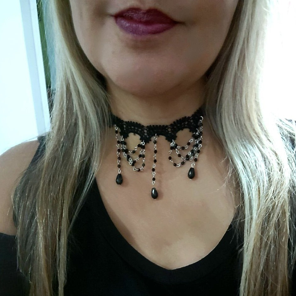 Black Chain Lolita Dangle Choker, Élégant design d’inspiration victorienne, collier gothique vintage, collier en dentelle, cadeau artisanal unique