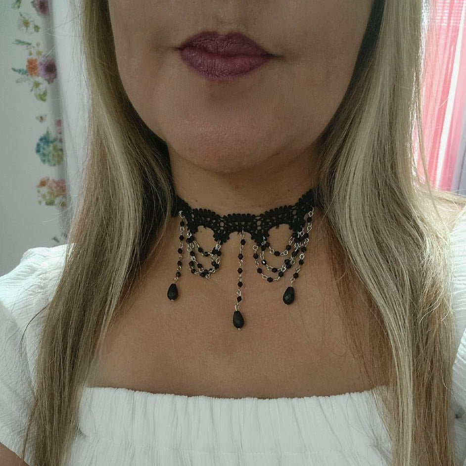 Black Chain Lolita Dangle Choker, Élégant design d’inspiration victorienne, collier gothique vintage, collier en dentelle, cadeau artisanal unique