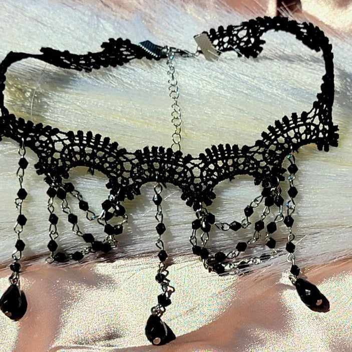 Gargantilla colgante lolita de cadena negra, elegante diseño de inspiración victoriana, collar gótico vintage, cuello de encaje, regalo único hecho a mano