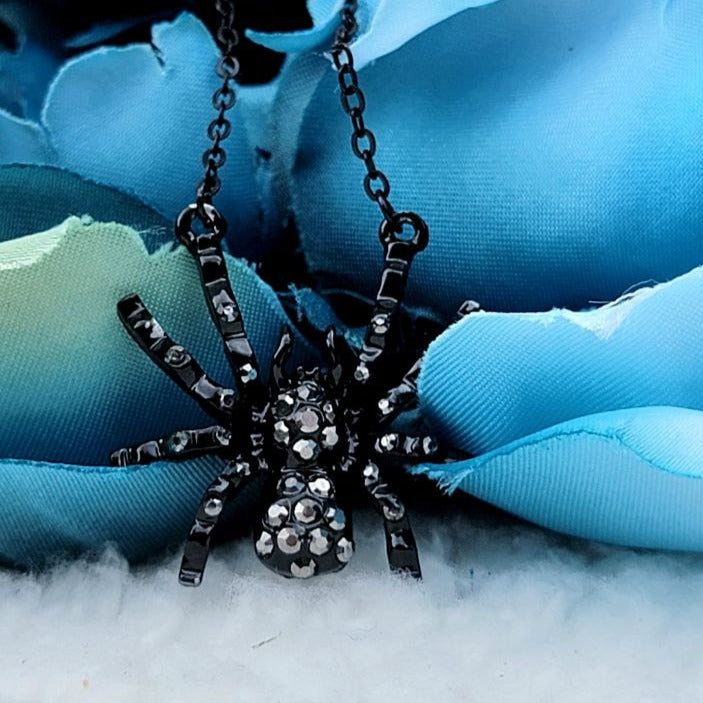 Black Widow Rhinestone Spider Necklace, Lady Vampire Choker, Macabre Jewelry