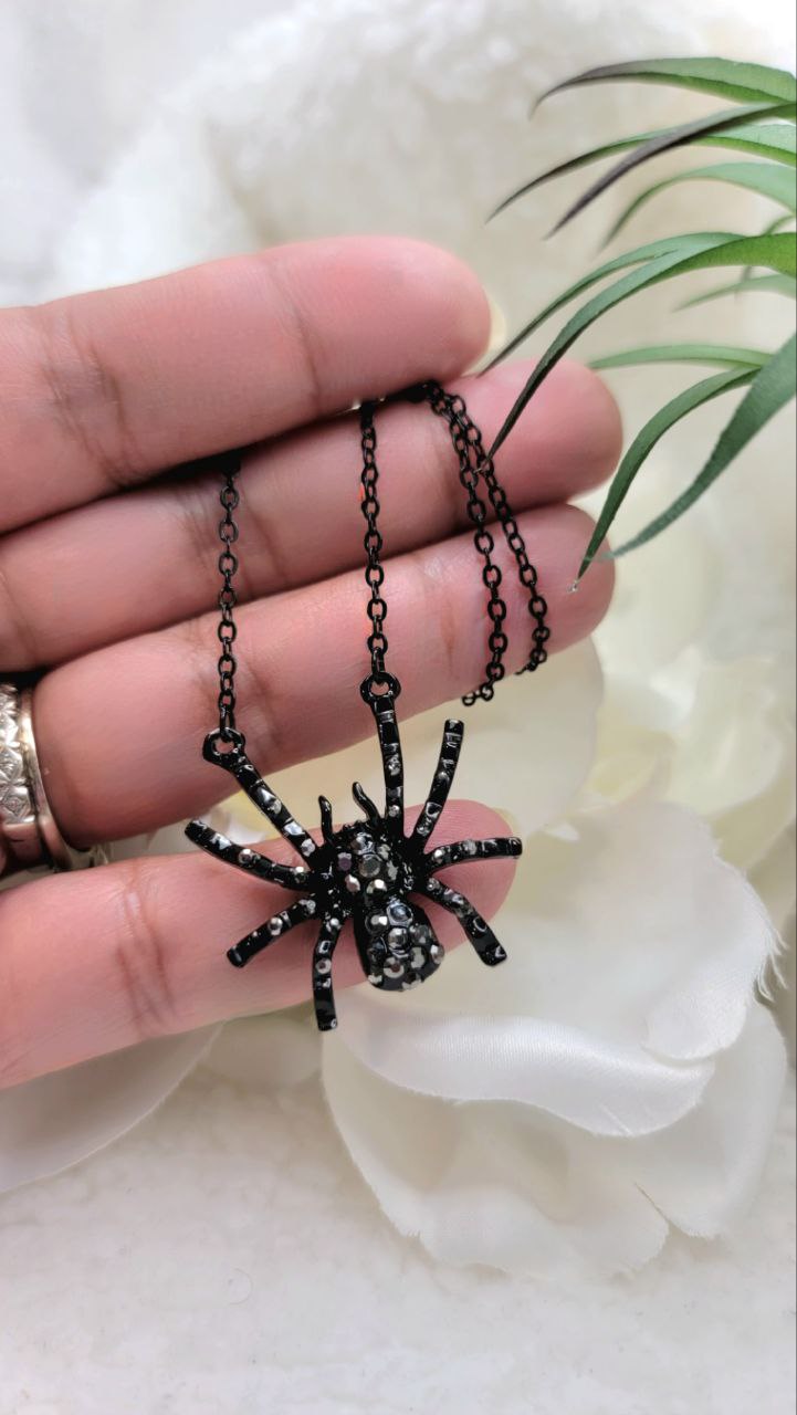 Black Widow Rhinestone Spider Necklace, Lady Vampire Choker, Macabre Jewelry