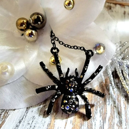 Black Widow Rhinestone Spider Necklace, Lady Vampire Choker, Macabre Jewelry