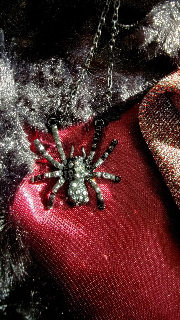 Black Widow Rhinestone Spider Necklace, Lady Vampire Choker, Macabre Jewelry