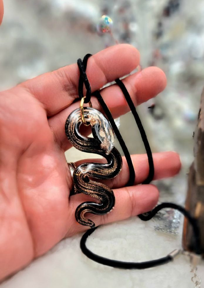 Elegant Glass Serpent Necklace, Snake Pendant, Dark Aesthetic Charm,