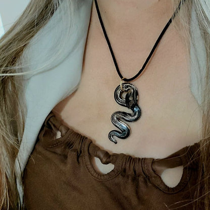 Elegant Glass Serpent Necklace, Snake Pendant, Dark Aesthetic Charm,