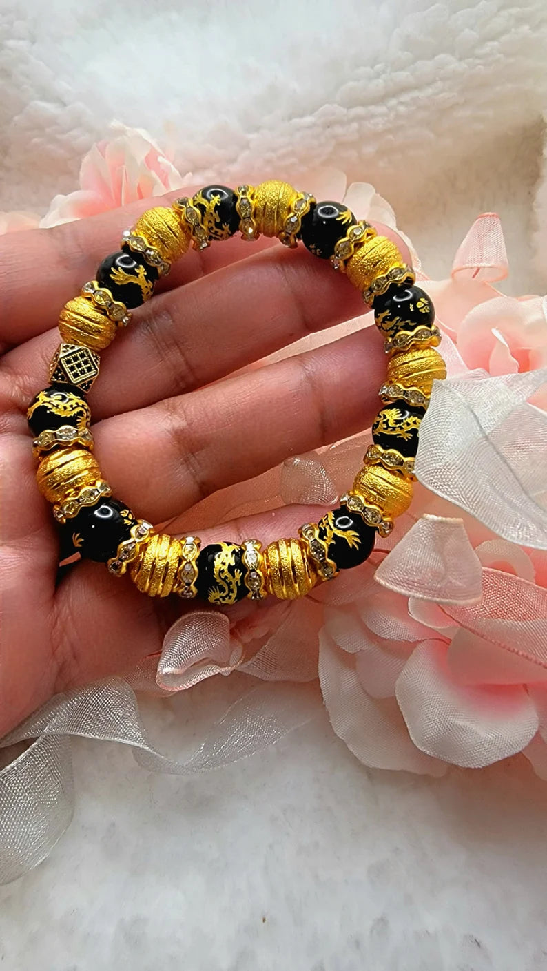 Black and Gold Dragon Bracelet, Dragon Flying Design