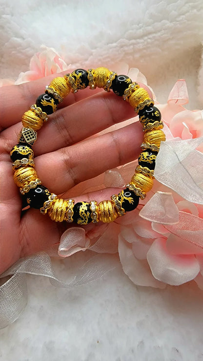 Pulsera de dragón negro y dorado, oro paparazzi, pulsera negra y dorada, dragón volador, pulsera de cuentas negras y doradas, regalo del Día de la Madre