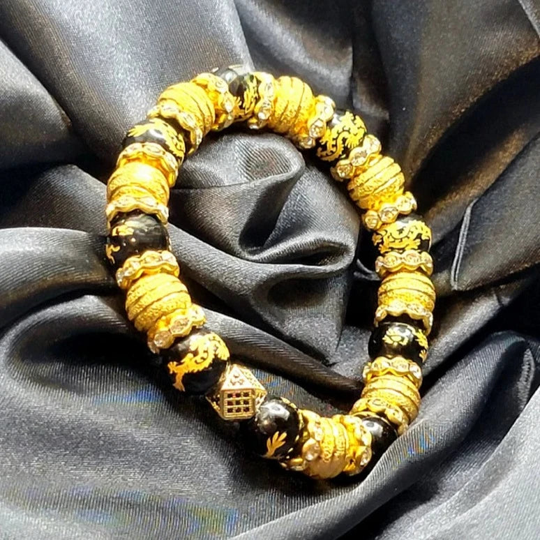 Pulsera de dragón negro y dorado, oro paparazzi, pulsera negra y dorada, dragón volador, pulsera de cuentas negras y doradas, regalo del Día de la Madre