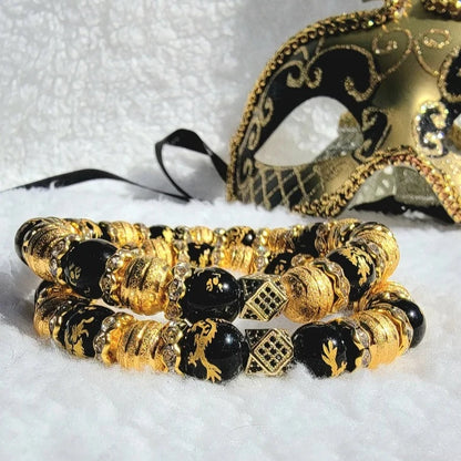 Pulsera de dragón negro y dorado, oro paparazzi, pulsera negra y dorada, dragón volador, pulsera de cuentas negras y doradas, regalo del Día de la Madre