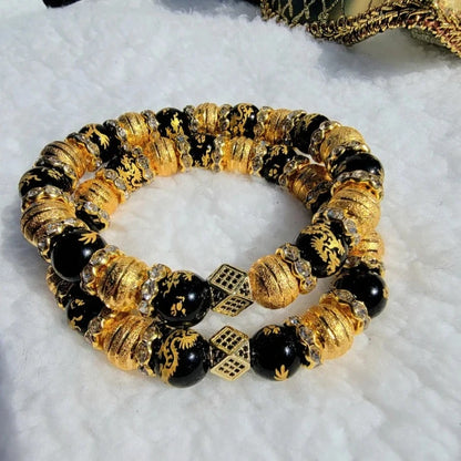 Pulsera de dragón negro y dorado, oro paparazzi, pulsera negra y dorada, dragón volador, pulsera de cuentas negras y doradas, regalo del Día de la Madre