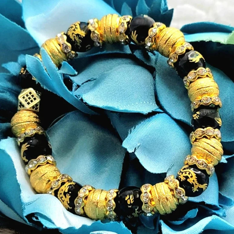 Pulsera de dragón negro y dorado, oro paparazzi, pulsera negra y dorada, dragón volador, pulsera de cuentas negras y doradas, regalo del Día de la Madre