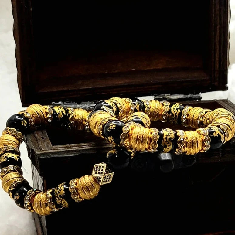 Pulsera de dragón negro y dorado, oro paparazzi, pulsera negra y dorada, dragón volador, pulsera de cuentas negras y doradas, regalo del Día de la Madre